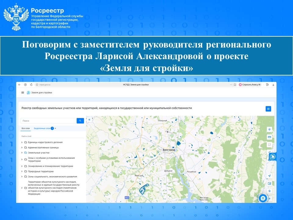 Поговорим с заместителем руководителя регионального Росреестра Ларисой Александровой о проекте «Земля для стройки».