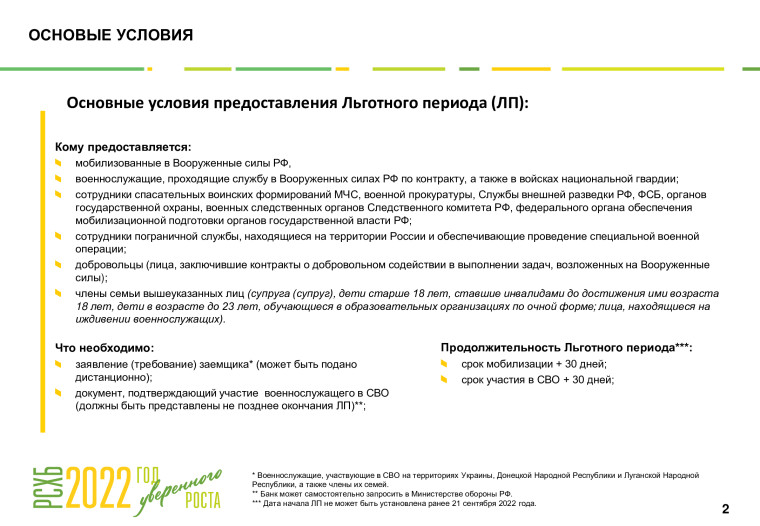 Программы реструктуризации потребительских кредитов (займов) для мобилизованных лиц, попадающих под действие Указа Президента Российской Федерации от 21 сентября 2022 года № 647, разработанные Банком ВТБ (ПАО),  АО «Россельхозбанк» и Сбербанком России..